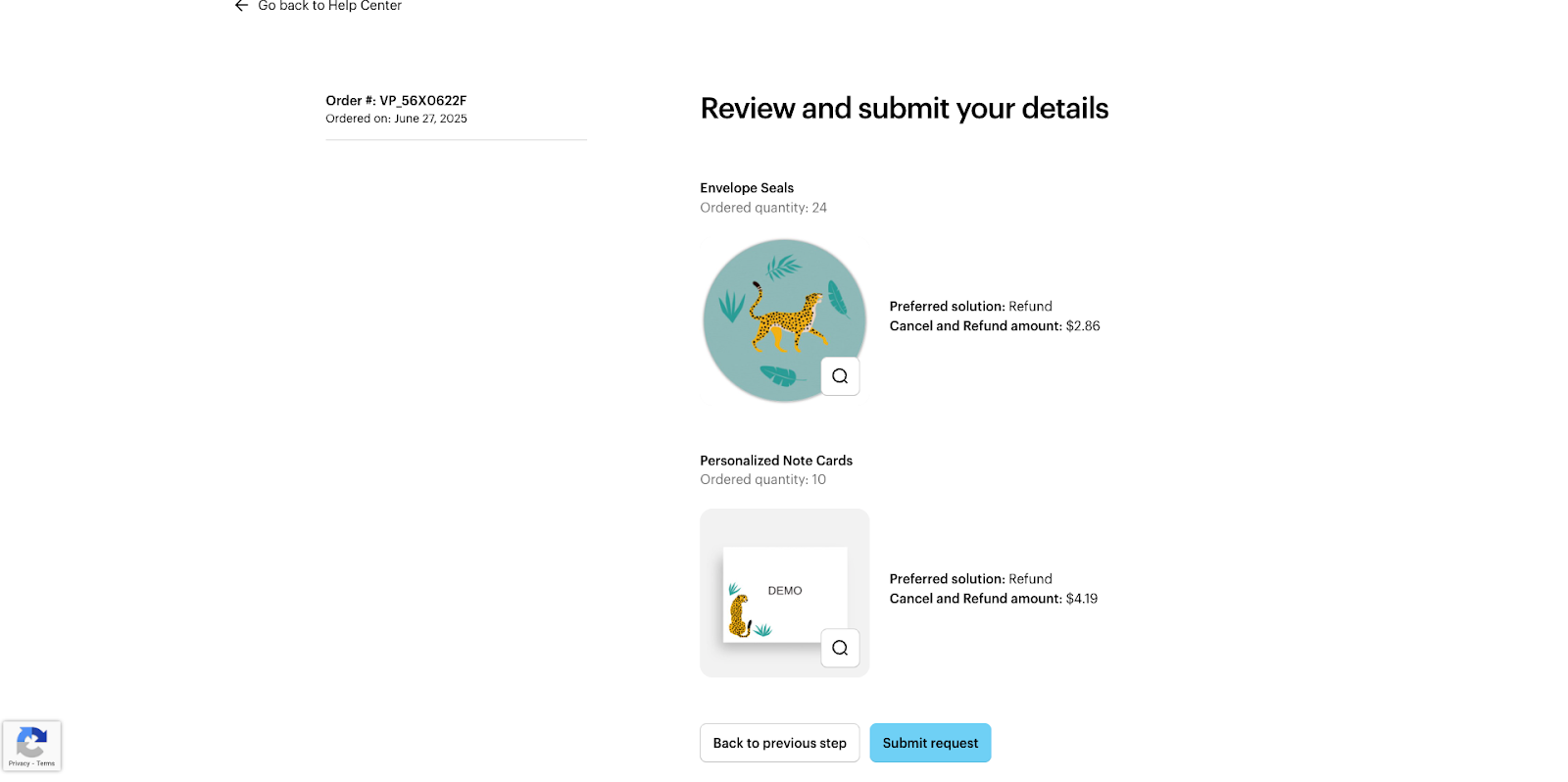 Order help form step with the heading ‘Review and submit your details’